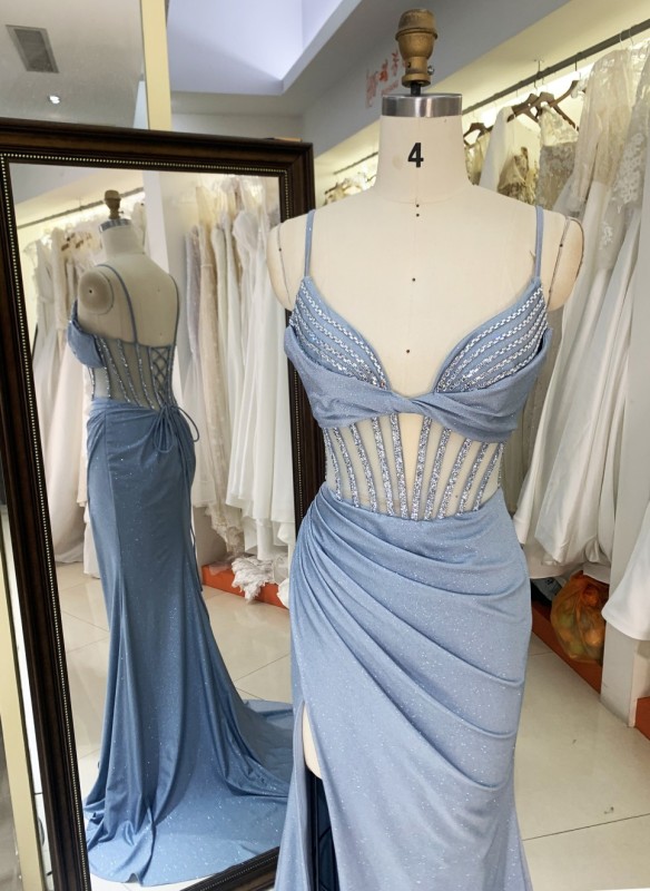 New America Wholesale LA Brand Fantastic Beading Chain Long Evening Dresses Crystal Embellished Gown for Prom Dress 2025