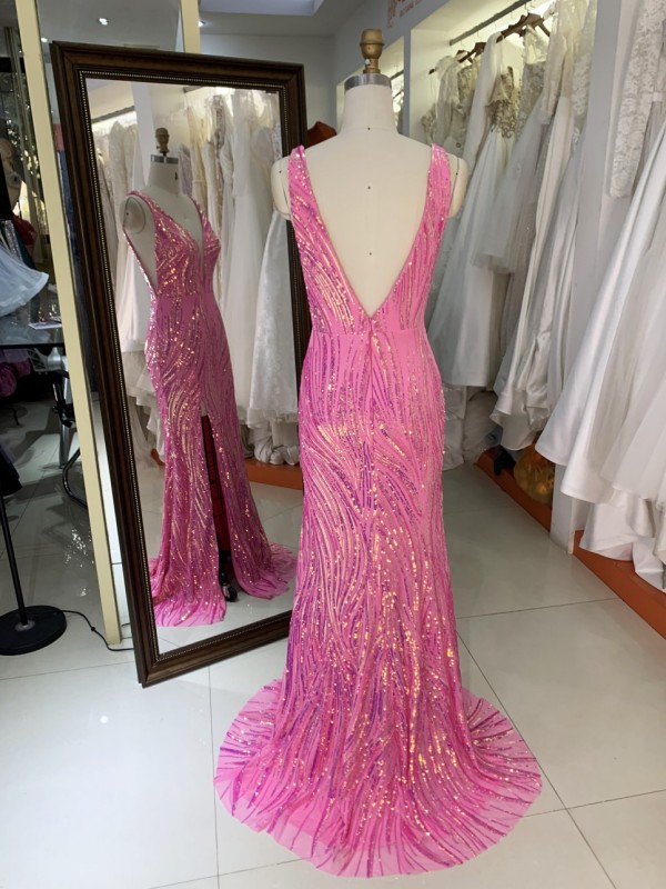 Wholesale Sequin Evening Dress Luxury Floor-Length for Women with V Neck and Backless Slit Prom Dress