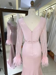 2025 New V-neck Women's Autumn Bridesmaid Dresses Pink Long Sleeve High Slit Party Dress Elegant Female Evening Dress