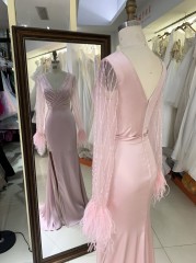 2025 New V-neck Women's Autumn Bridesmaid Dresses Pink Long Sleeve High Slit Party Dress Elegant Female Evening Dress