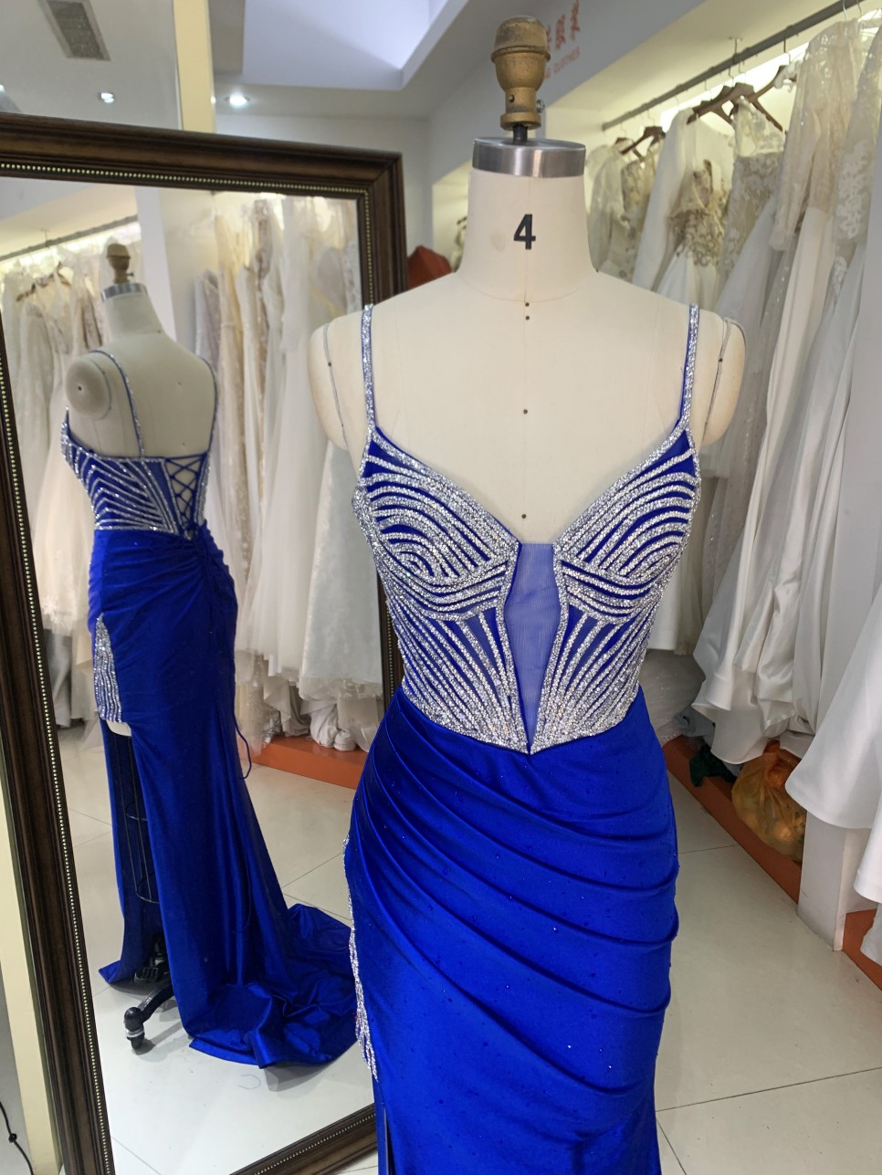 Prom Dress Sexy New Luxurious Elegant High Slit Rhinestone Sequins Navy Blue Satin Maxi Prom Out Dresses