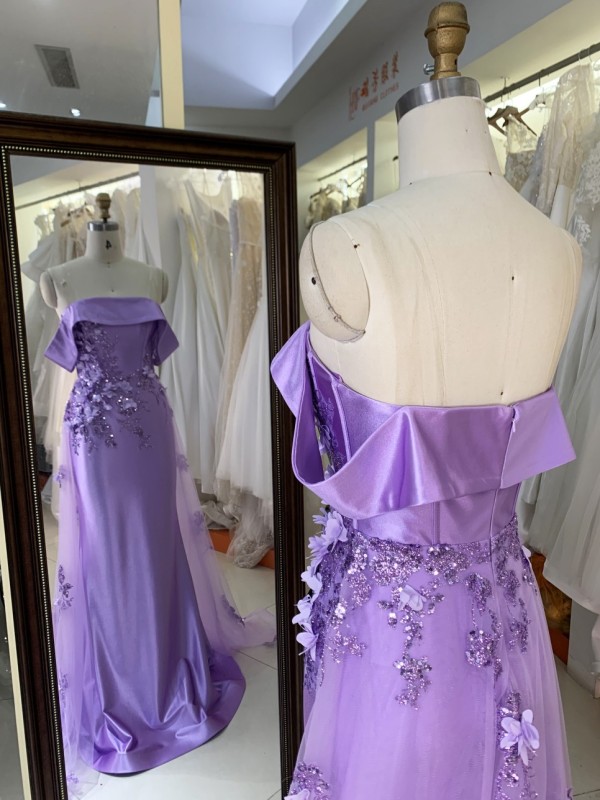 2025 Women Elegant Lilac Prom Dress 3D Flowers Wholesale Sleeveless Beaded Satin Party Mermaid Evening Dress for Girls