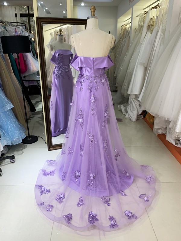 2025 Women Elegant Lilac Prom Dress 3D Flowers Wholesale Sleeveless Beaded Satin Party Mermaid Evening Dress for Girls