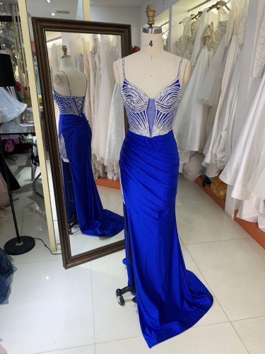 Prom Dress Sexy New Luxurious Elegant High Slit Rhinestone Sequins Navy Blue Satin Maxi Prom Out Dresses