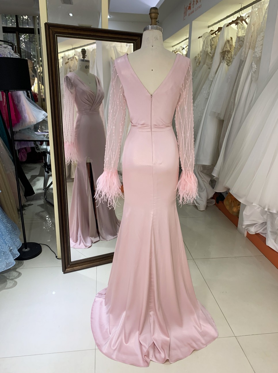 2025 New V-neck Women's Autumn Bridesmaid Dresses Pink Long Sleeve High Slit Party Dress Elegant Female Evening Dress