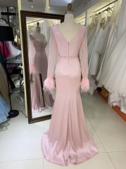 2025 New V-neck Women's Autumn Bridesmaid Dresses Pink Long Sleeve High Slit Party Dress Elegant Female Evening Dress