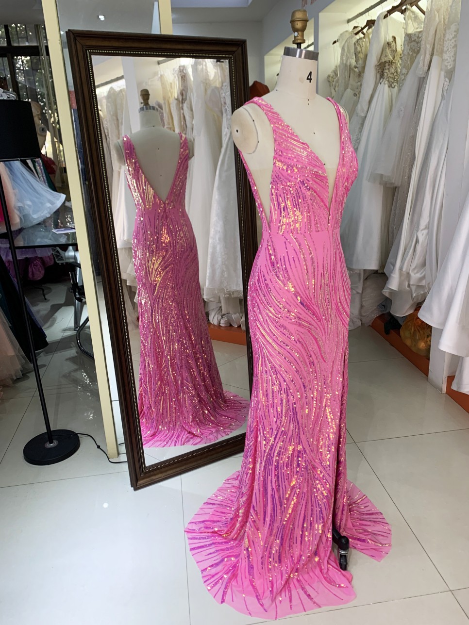 Wholesale Sequin Evening Dress Luxury Floor-Length for Women with V Neck and Backless Slit Prom Dress