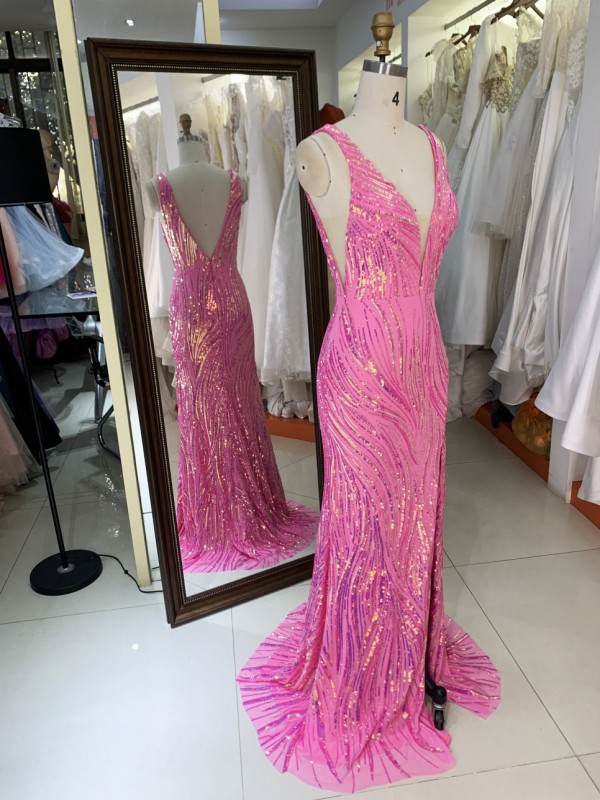 Wholesale Sequin Evening Dress Luxury Floor-Length for Women with V Neck and Backless Slit Prom Dress