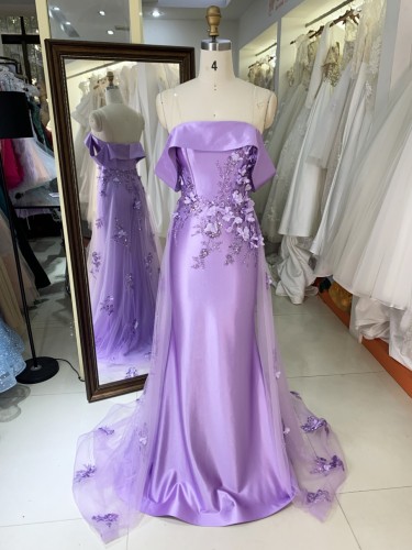 2025 Women Elegant Lilac Prom Dress 3D Flowers Wholesale Sleeveless Beaded Satin Party Mermaid Evening Dress for Girls