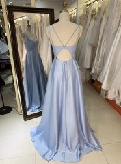 Factory Wholesale Elegant Long Prom Dresses Soft Smooth Satin V Neck Floor-length Evening Dress