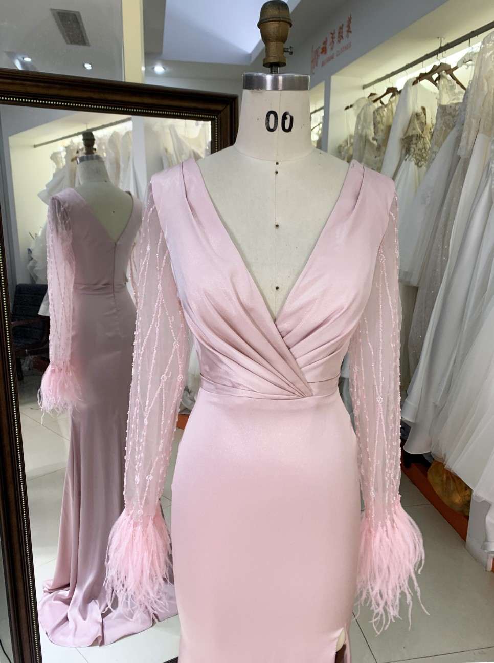 2025 New V-neck Women's Autumn Bridesmaid Dresses Pink Long Sleeve High Slit Party Dress Elegant Female Evening Dress