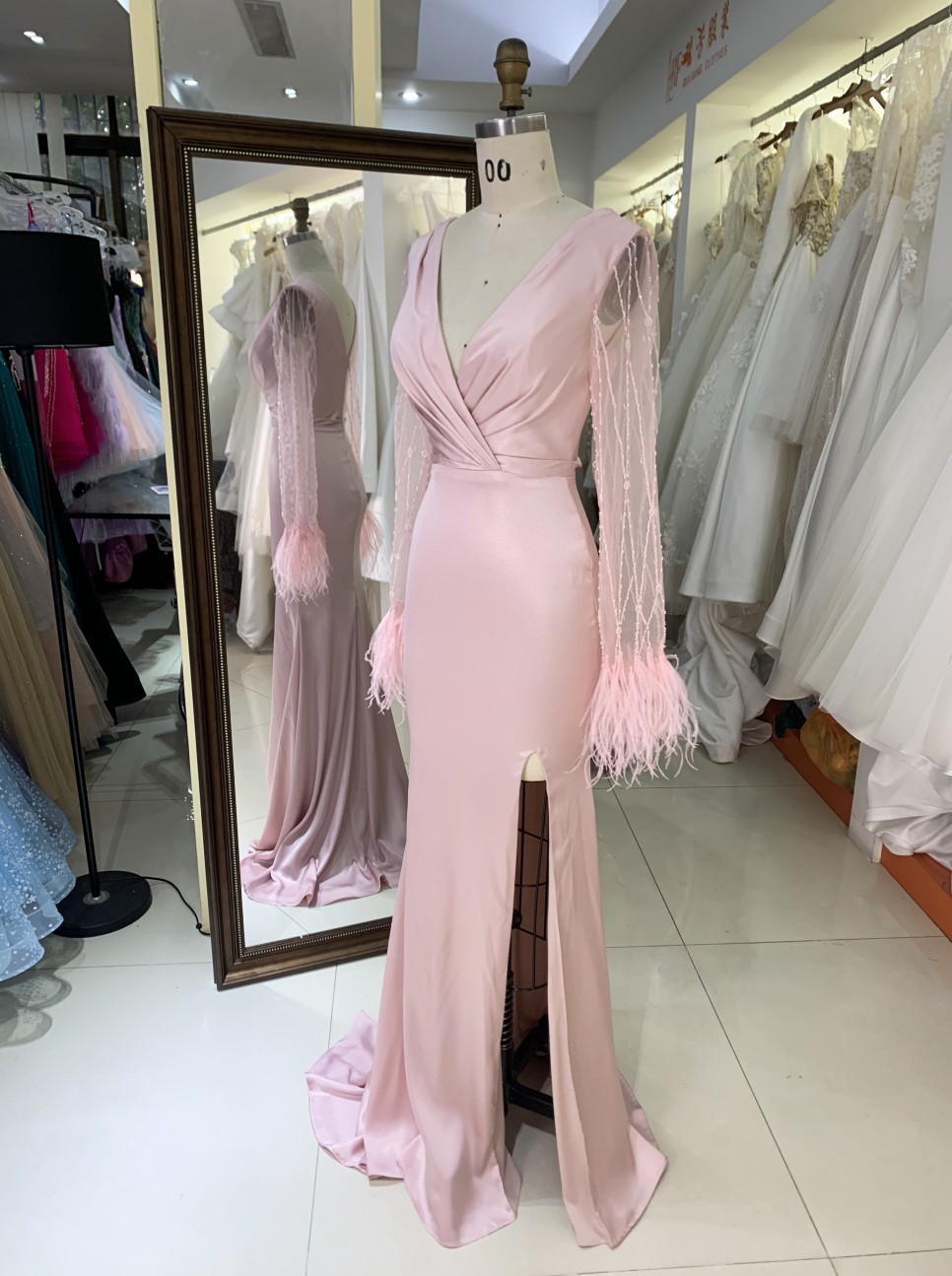 2025 New V-neck Women's Autumn Bridesmaid Dresses Pink Long Sleeve High Slit Party Dress Elegant Female Evening Dress