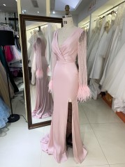 2025 New V-neck Women's Autumn Bridesmaid Dresses Pink Long Sleeve High Slit Party Dress Elegant Female Evening Dress