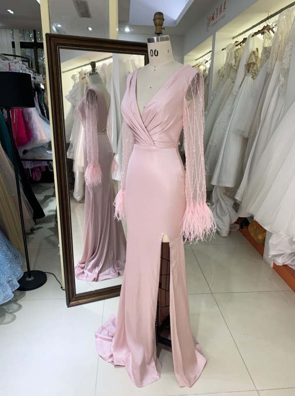 2025 New V-neck Women's Autumn Bridesmaid Dresses Pink Long Sleeve High Slit Party Dress Elegant Female Evening Dress