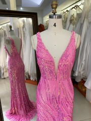 Wholesale Sequin Evening Dress Luxury Floor-Length for Women with V Neck and Backless Slit Prom Dress
