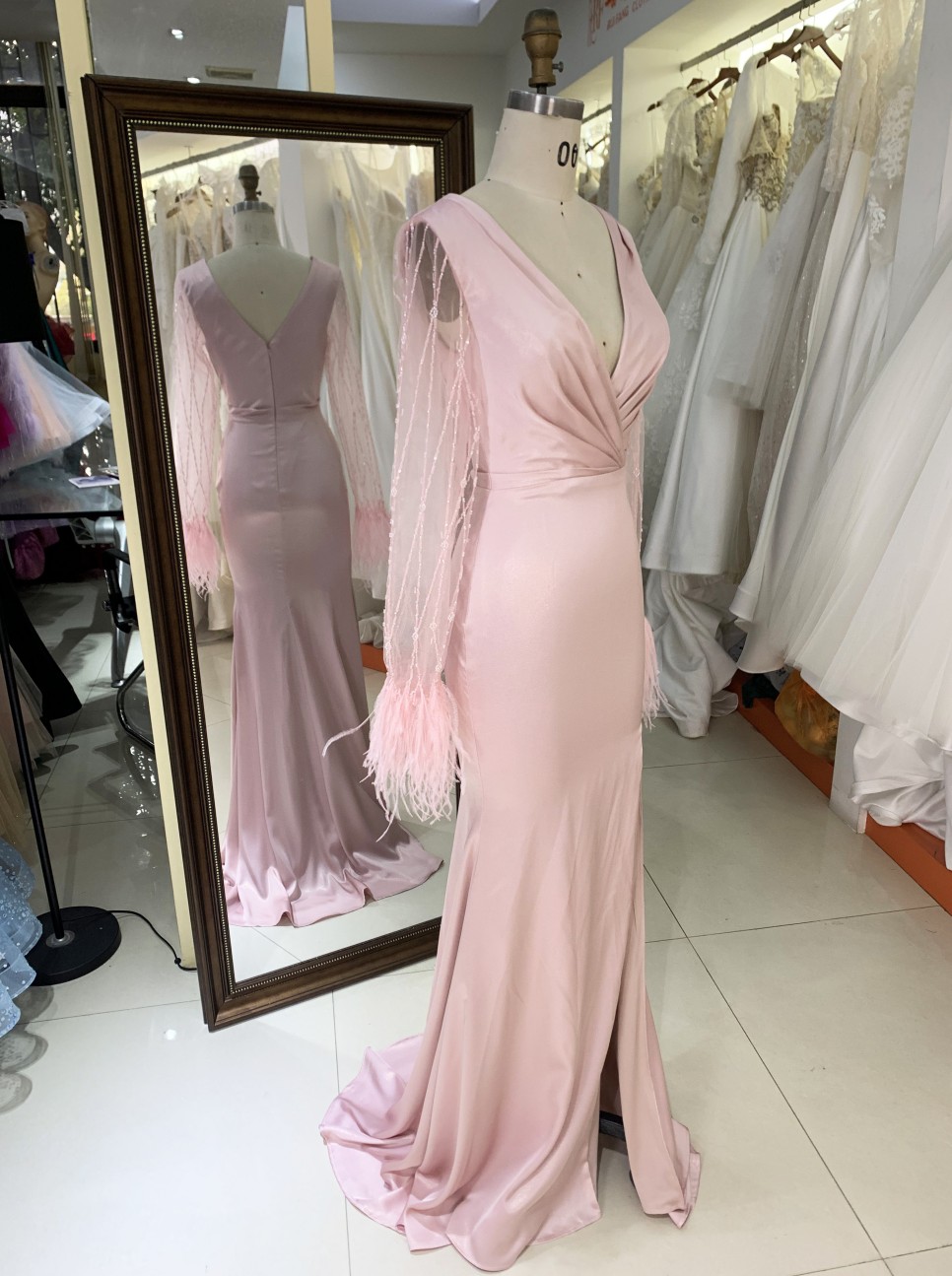 2025 New V-neck Women's Autumn Bridesmaid Dresses Pink Long Sleeve High Slit Party Dress Elegant Female Evening Dress
