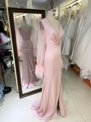2025 New V-neck Women's Autumn Bridesmaid Dresses Pink Long Sleeve High Slit Party Dress Elegant Female Evening Dress