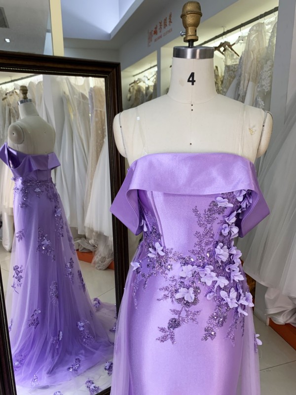 2025 Women Elegant Lilac Prom Dress 3D Flowers Wholesale Sleeveless Beaded Satin Party Mermaid Evening Dress for Girls