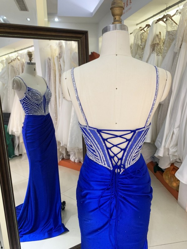 Prom Dress Sexy New Luxurious Elegant High Slit Rhinestone Sequins Navy Blue Satin Maxi Prom Out Dresses