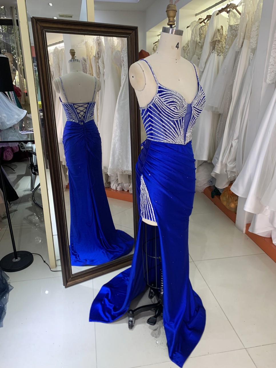 Prom Dress Sexy New Luxurious Elegant High Slit Rhinestone Sequins Navy Blue Satin Maxi Prom Out Dresses