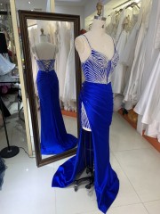 Prom Dress Sexy New Luxurious Elegant High Slit Rhinestone Sequins Navy Blue Satin Maxi Prom Out Dresses