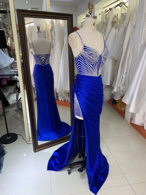 Prom Dress Sexy New Luxurious Elegant High Slit Rhinestone Sequins Navy Blue Satin Maxi Prom Out Dresses