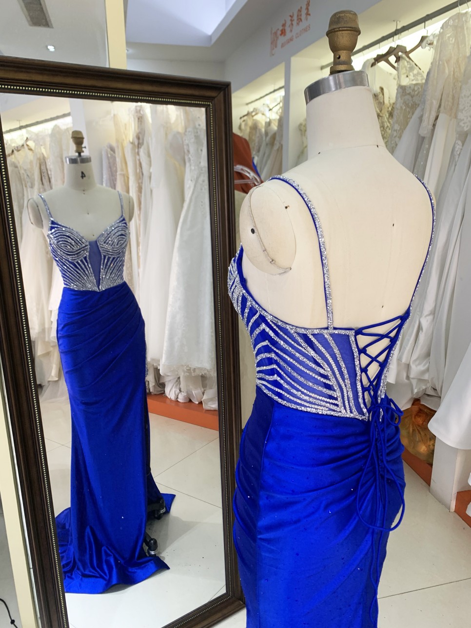 Prom Dress Sexy New Luxurious Elegant High Slit Rhinestone Sequins Navy Blue Satin Maxi Prom Out Dresses