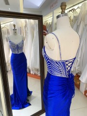 Prom Dress Sexy New Luxurious Elegant High Slit Rhinestone Sequins Navy Blue Satin Maxi Prom Out Dresses