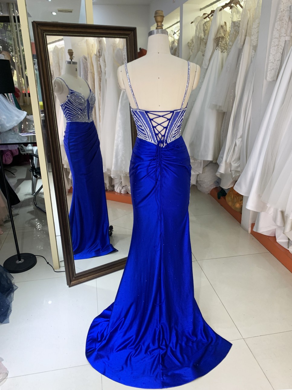 Prom Dress Sexy New Luxurious Elegant High Slit Rhinestone Sequins Navy Blue Satin Maxi Prom Out Dresses