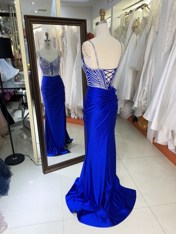 Prom Dress Sexy New Luxurious Elegant High Slit Rhinestone Sequins Navy Blue Satin Maxi Prom Out Dresses