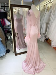 2025 New V-neck Women's Autumn Bridesmaid Dresses Pink Long Sleeve High Slit Party Dress Elegant Female Evening Dress