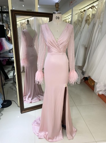 2025 New V-neck Women's Autumn Bridesmaid Dresses Pink Long Sleeve High Slit Party Dress Elegant Female Evening Dress