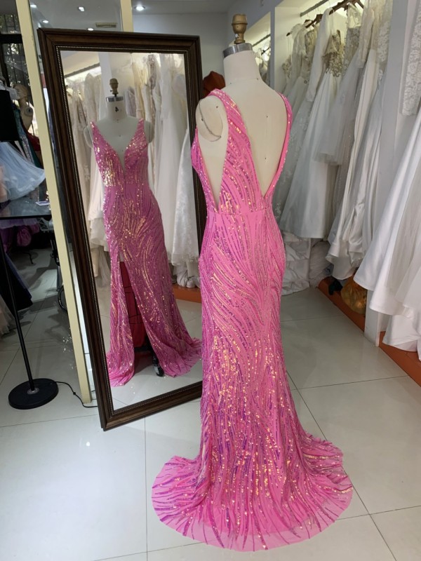 Wholesale Sequin Evening Dress Luxury Floor-Length for Women with V Neck and Backless Slit Prom Dress