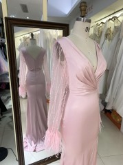 2025 New V-neck Women's Autumn Bridesmaid Dresses Pink Long Sleeve High Slit Party Dress Elegant Female Evening Dress