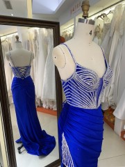 Prom Dress Sexy New Luxurious Elegant High Slit Rhinestone Sequins Navy Blue Satin Maxi Prom Out Dresses