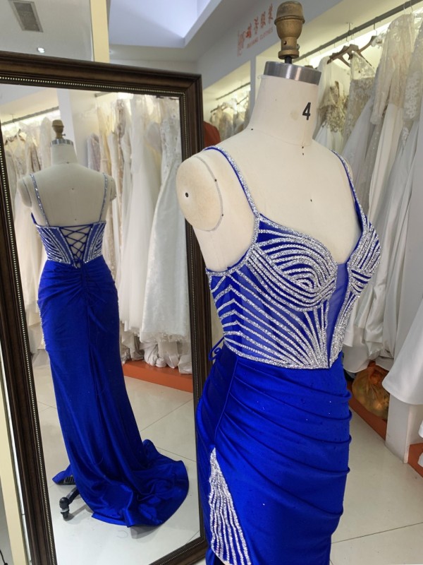 Prom Dress Sexy New Luxurious Elegant High Slit Rhinestone Sequins Navy Blue Satin Maxi Prom Out Dresses