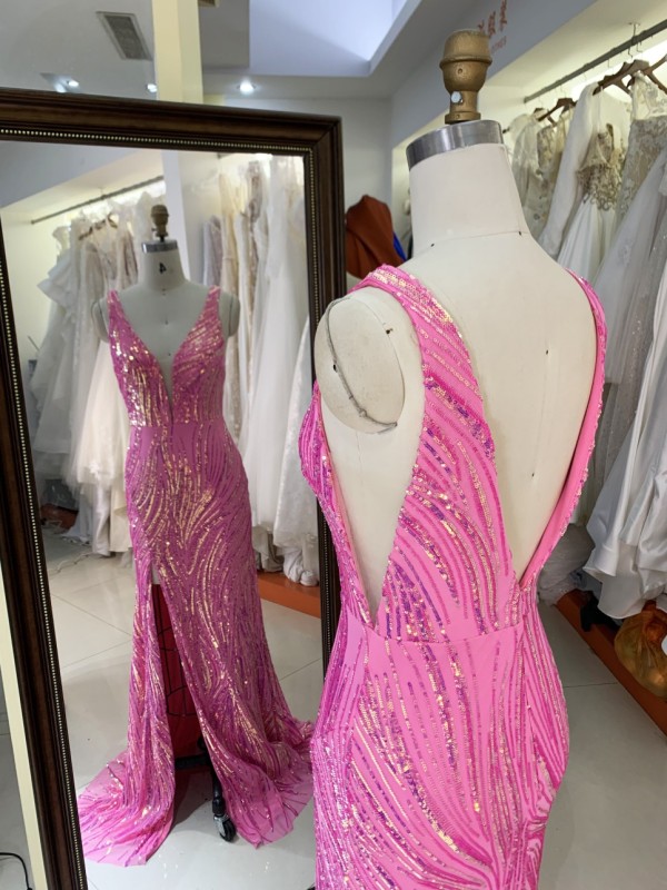 Wholesale Sequin Evening Dress Luxury Floor-Length for Women with V Neck and Backless Slit Prom Dress