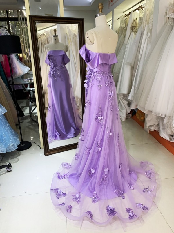 2025 Women Elegant Lilac Prom Dress 3D Flowers Wholesale Sleeveless Beaded Satin Party Mermaid Evening Dress for Girls