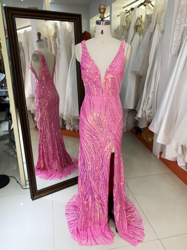 Wholesale Sequin Evening Dress Luxury Floor-Length for Women with V Neck and Backless Slit Prom Dress