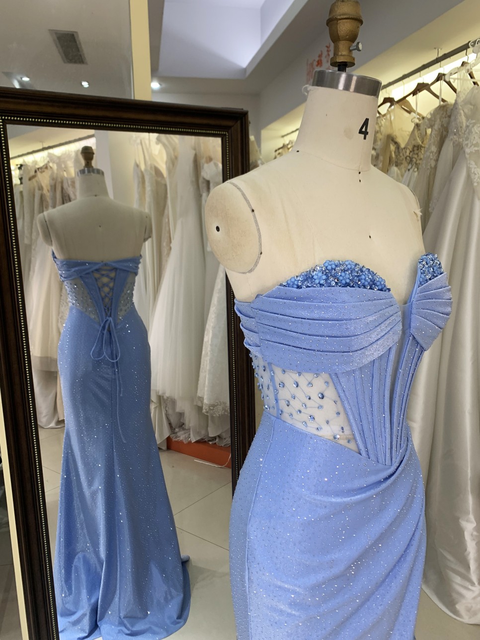 Dusty Blue Corset Rhinestone See Through Prom Evening Long Gown Dress Elegant 2026