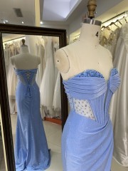 Dusty Blue Corset Rhinestone See Through Prom Evening Long Gown Dress Elegant 2026