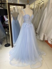 Prom Dress 2026 Modern Blue A-Line Tulle Skirt with 3D Flower Sequins Wholesale Party Long Gowns Evening Dress