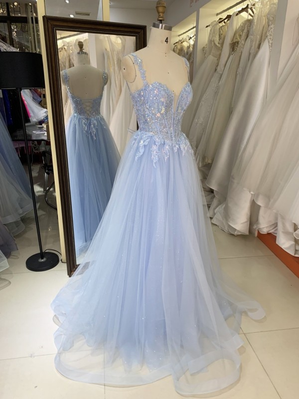Prom Dress 2026 Modern Blue A-Line Tulle Skirt with 3D Flower Sequins Wholesale Party Long Gowns Evening Dress