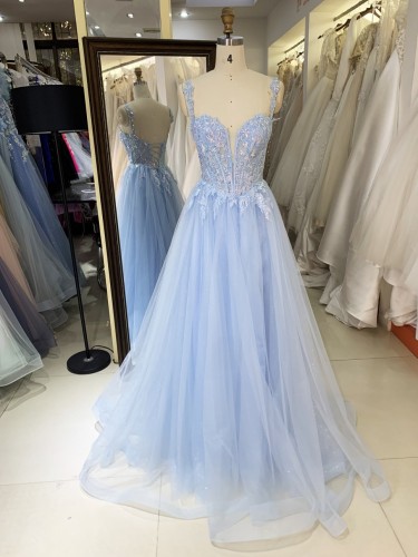 Prom Dress 2026 Modern Blue A-Line Tulle Skirt with 3D Flower Sequins Wholesale Party Long Gowns Evening Dress