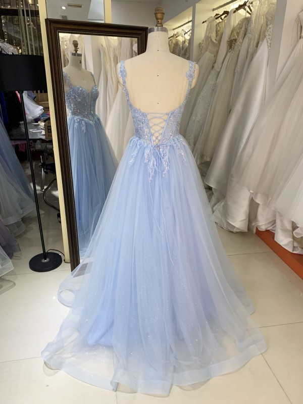 Prom Dress 2026 Modern Blue A-Line Tulle Skirt with 3D Flower Sequins Wholesale Party Long Gowns Evening Dress