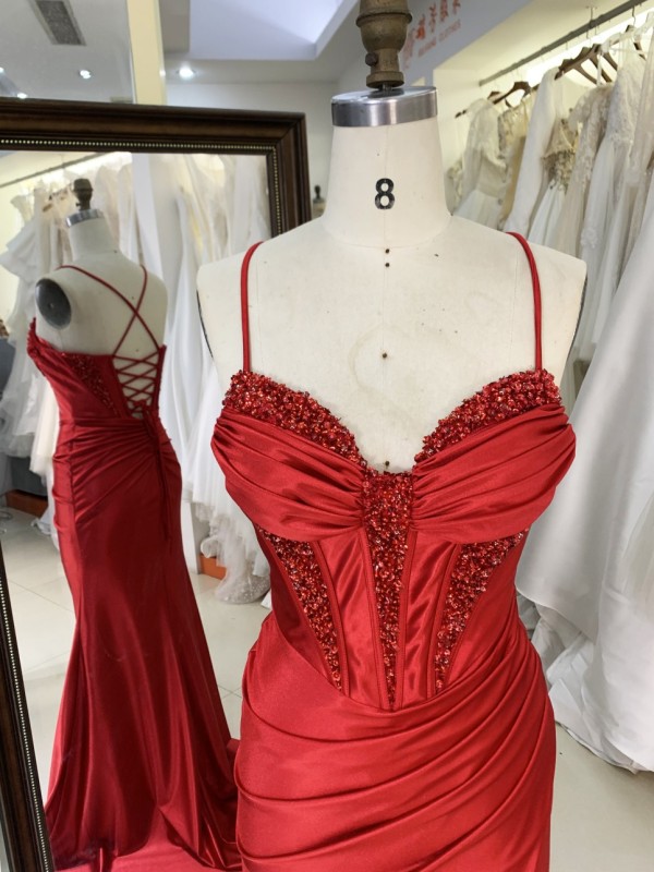 Red Elegant Long Prom Dresses Satin Evening Dress with Slit Long Knee-Length Floor-length Evening Dress