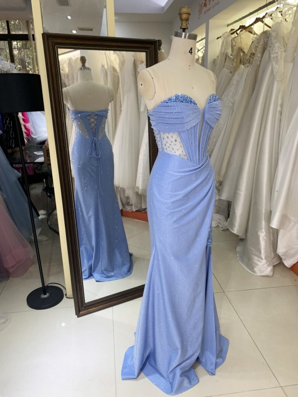 Dusty Blue Corset Rhinestone See Through Prom Evening Long Gown Dress Elegant 2026