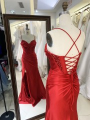 Red Elegant Long Prom Dresses Satin Evening Dress with Slit Long Knee-Length Floor-length Evening Dress