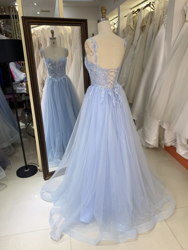 Prom Dress 2026 Modern Blue A-Line Tulle Skirt with 3D Flower Sequins Wholesale Party Long Gowns Evening Dress