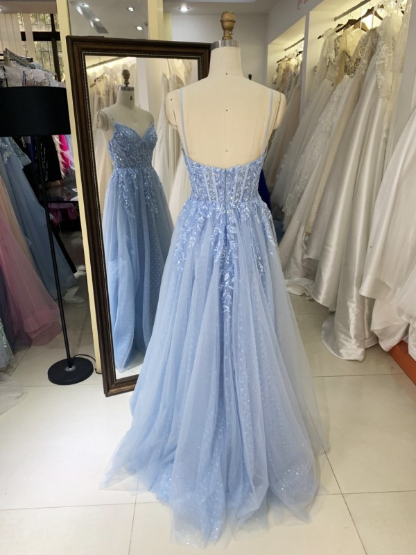 2025 New Wholesale Sky Blue Elegant Long Floor-Length Ball Gown Evening Dresses for Women and Ladies Girl